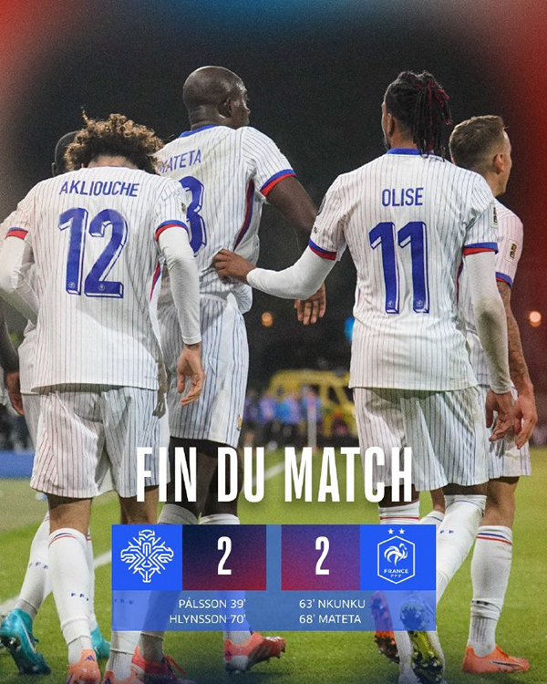 世预赛:法国2-2客平冰岛 恩昆库建功 马特塔破门