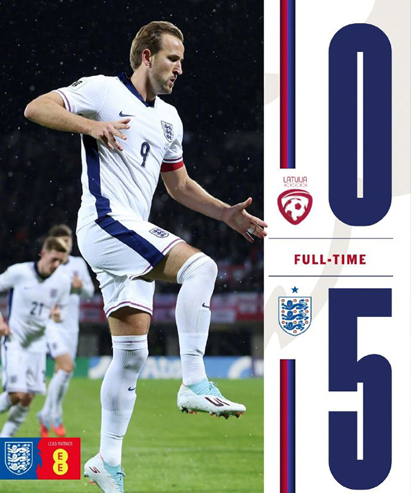 世预赛:英格兰5-0拉脱维亚直达世界杯 凯恩双响戈登、埃泽破门